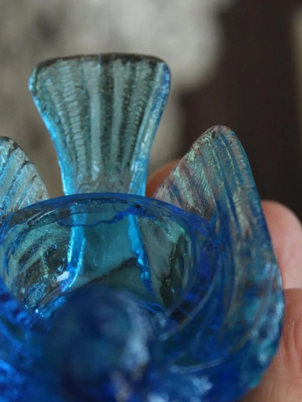 Vintage 1960s Salt Cellar, Kanawha Bermuda Blue Glass Bird with Berry